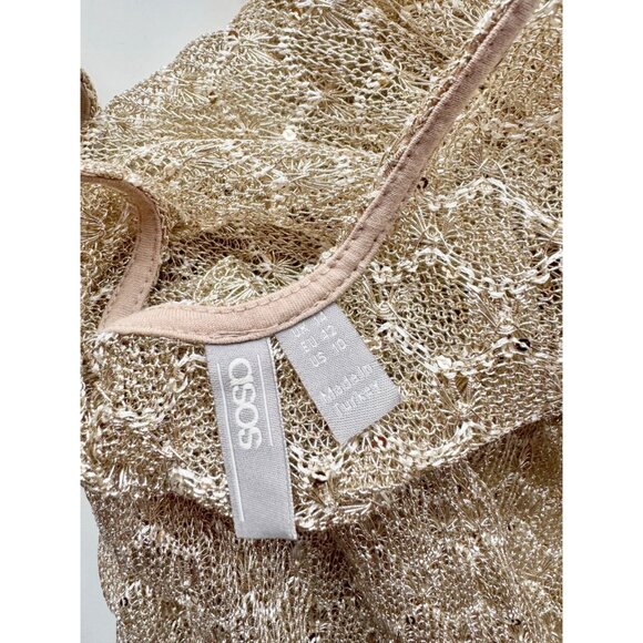 ASOS SWIM Gold Metallic Sequin Embellished Open Knit U-Neck Maxi Dress, Size 10 - Picture 11 of 14